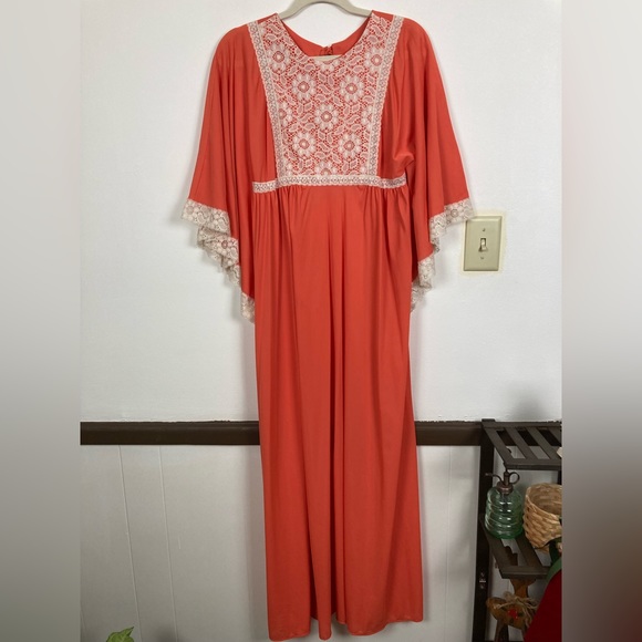 Other - Vintage Nightgown Coral Peach with White Lace Floor-length
